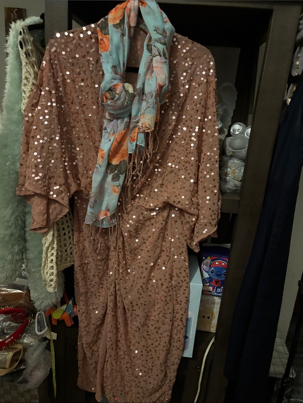 Sequin Twist-Front Midi Dress in Dusty Roses. P2P:16, waist:15 -NWOT